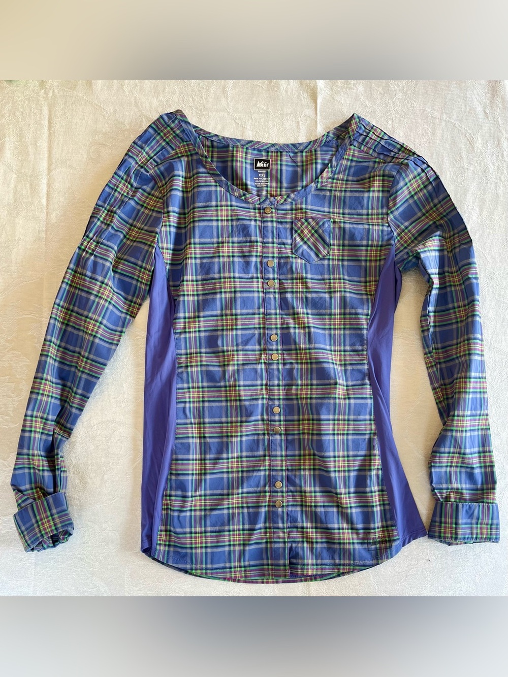 REI Blue Purple Plaid Button-Down Shirt for Outdoor Wear